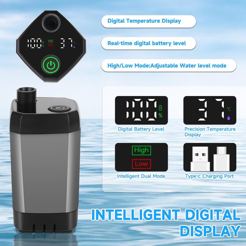 vignuto Portable Shower for Camping, Rechargeable Camping Shower Pump with LED Display of Battery Level and Temperature - Image 4